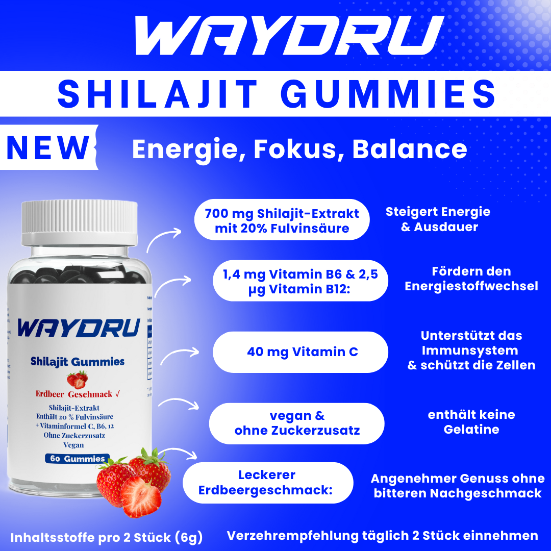 WAYDRU - Shilajit Gummies – vegane Shilajit Gummibären Nahrungsergänzung mit Fulvinsäure, Vitamin C, B6 und B12 für Energie, Vitalität und Immunsystem, 60 Stück
