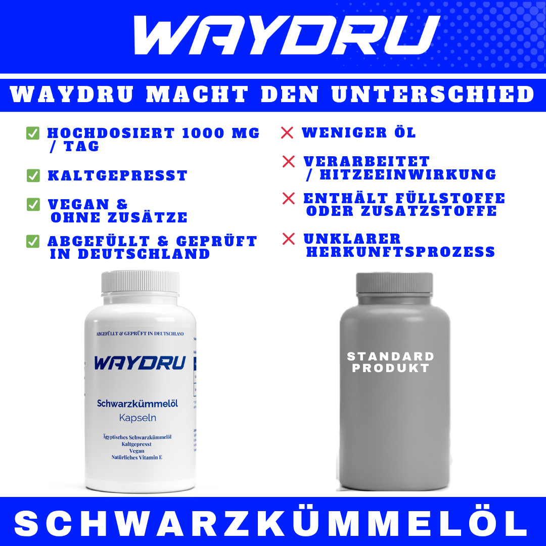 Ägyptisches Schwarzkümmelöl – 240 vegane Softgels Kapseln| Hochdosiert & kaltgepresst | WAYDRU