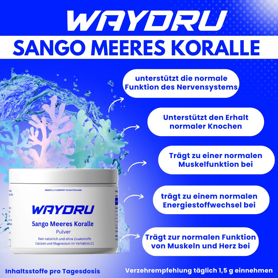 WAYDRU – Sango Meeres Koralle Pulver
🌊 Natürliches Calcium & Magnesium im idealen Verhältnis für Knochen, Muskeln und Nervensystem!