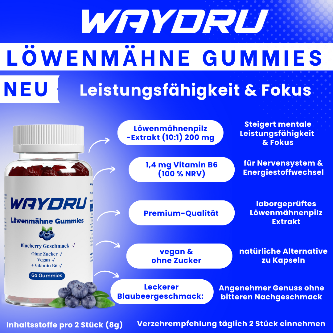 WAYDRU – Löwenmähne Gummies – Konzentration, Fokus & mentale Klarheit