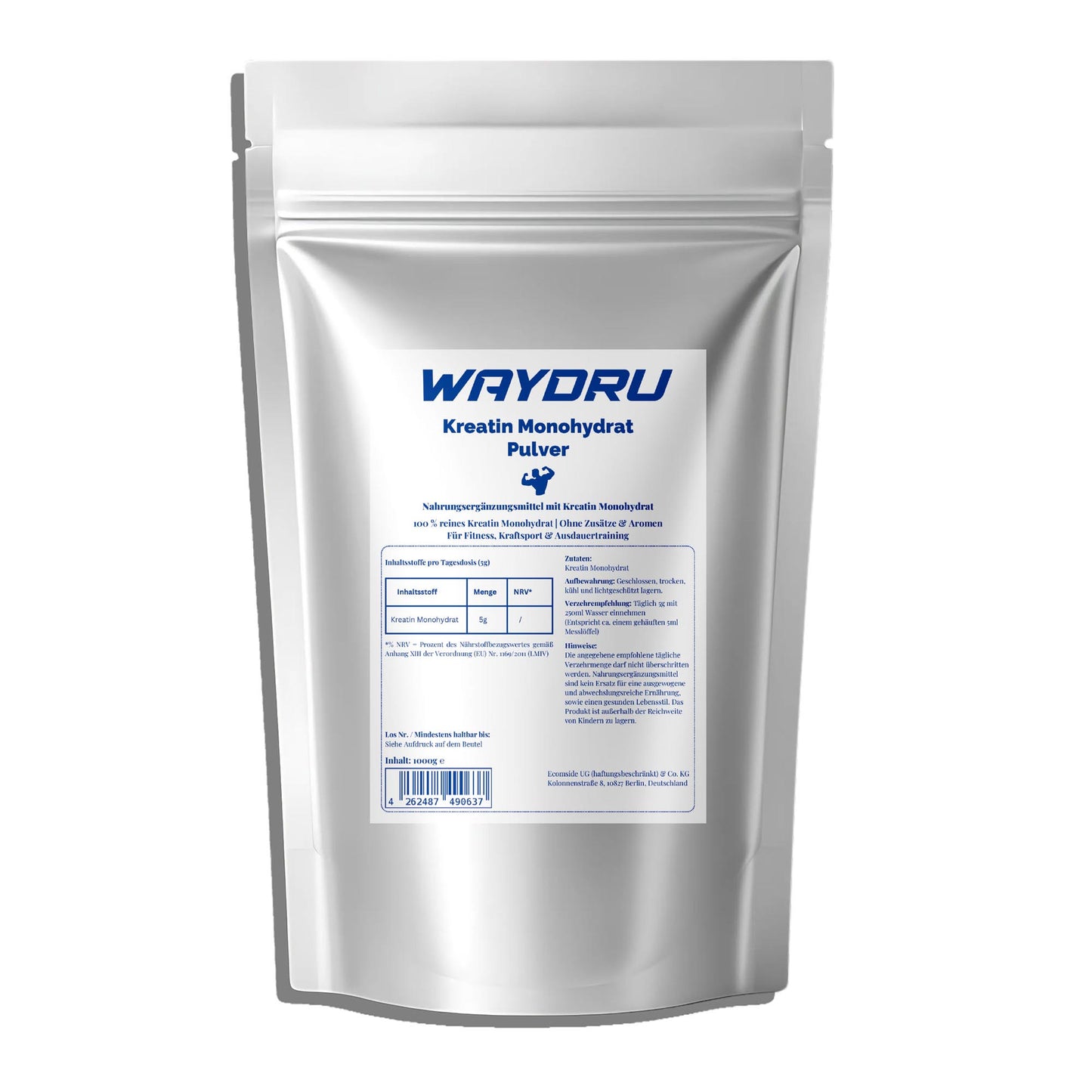WAYDRU Kreatin Pulver 100 % rein, Kreatin Monohydrat 1 kg, Kreatin Pulver ohne Zusätze