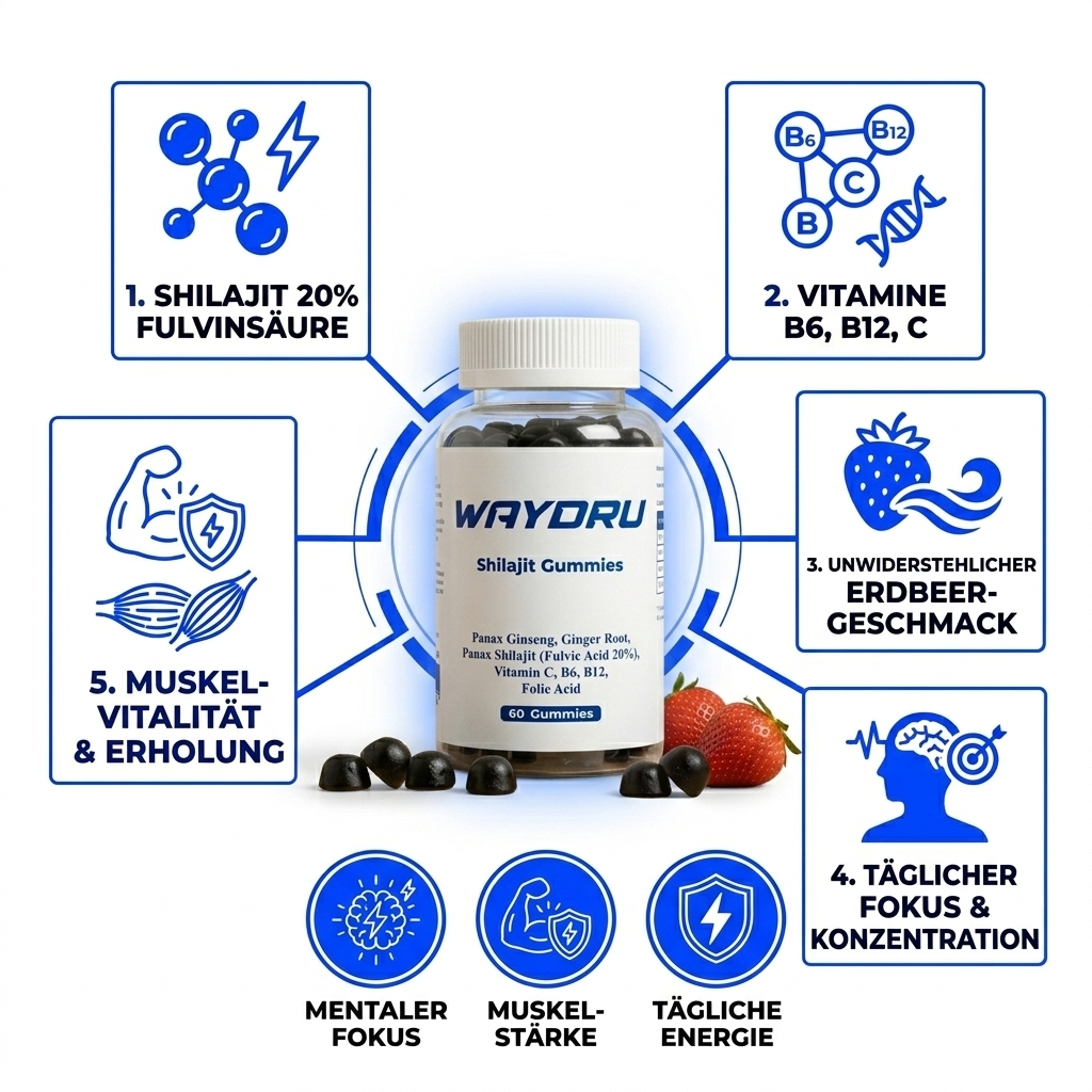WAYDRU - Shilajit Gummies – vegane Shilajit Gummibären Nahrungsergänzung mit Fulvinsäure, Vitamin C, B6 und B12 für Energie, Vitalität und Immunsystem, 60 Stück