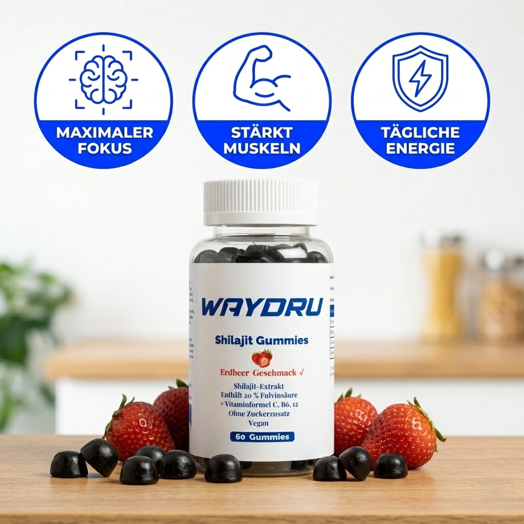 WAYDRU - Shilajit Gummies – vegane Shilajit Gummibären Nahrungsergänzung mit Fulvinsäure, Vitamin C, B6 und B12 für Energie, Vitalität und Immunsystem, 60 Stück
