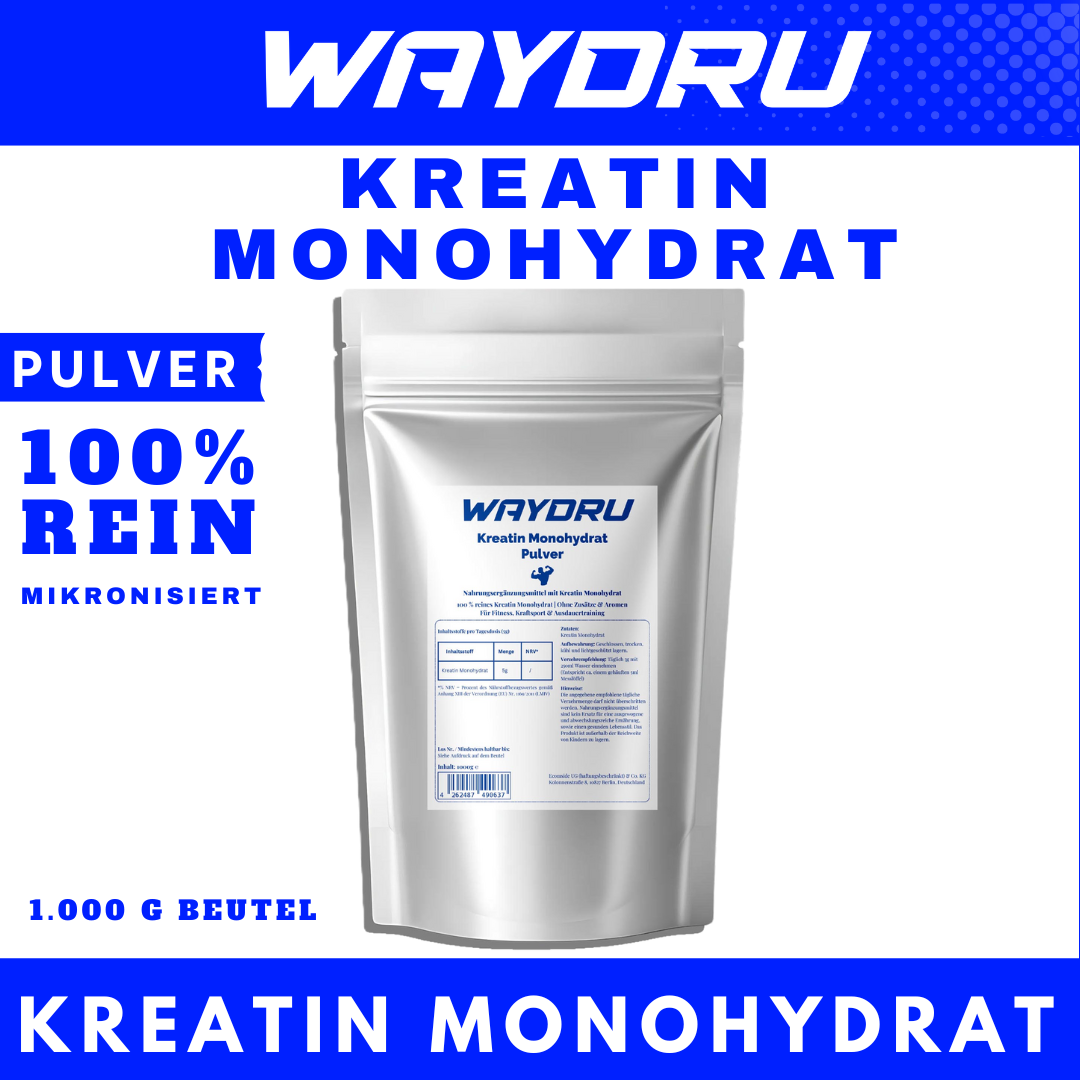 WAYDRU Kreatin Pulver 100 % rein, Kreatin Monohydrat 1 kg, Kreatin Pulver ohne Zusätze