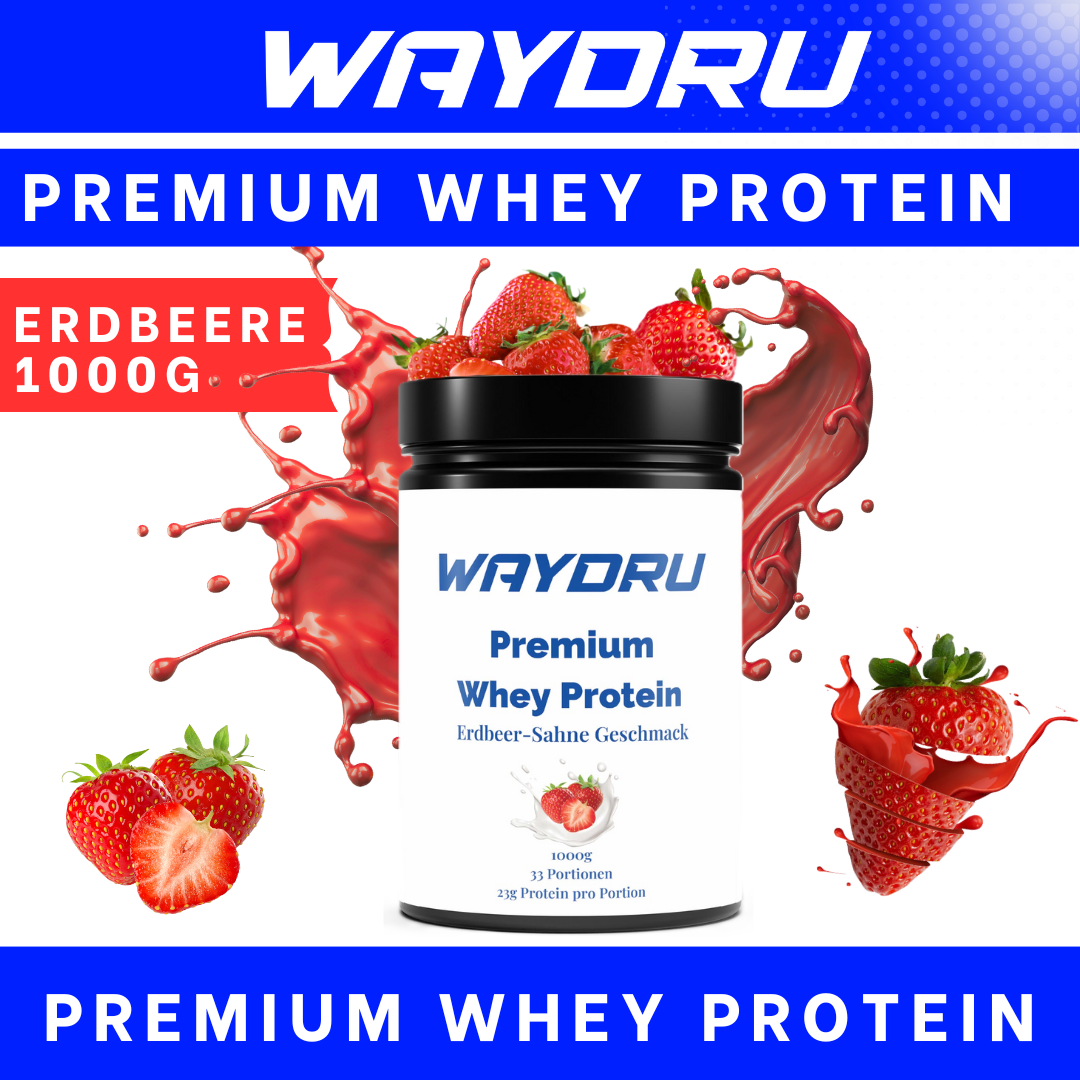 WAYDRU Premium Whey Protein Erdbeer-Sahne – 1000 g Dose, Eiweißpulver mit 23 g Protein pro Portion