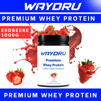 WAYDRU Premium Whey Protein Erdbeer-Sahne – 1000 g Dose, Eiweißpulver mit 23 g Protein pro Portion