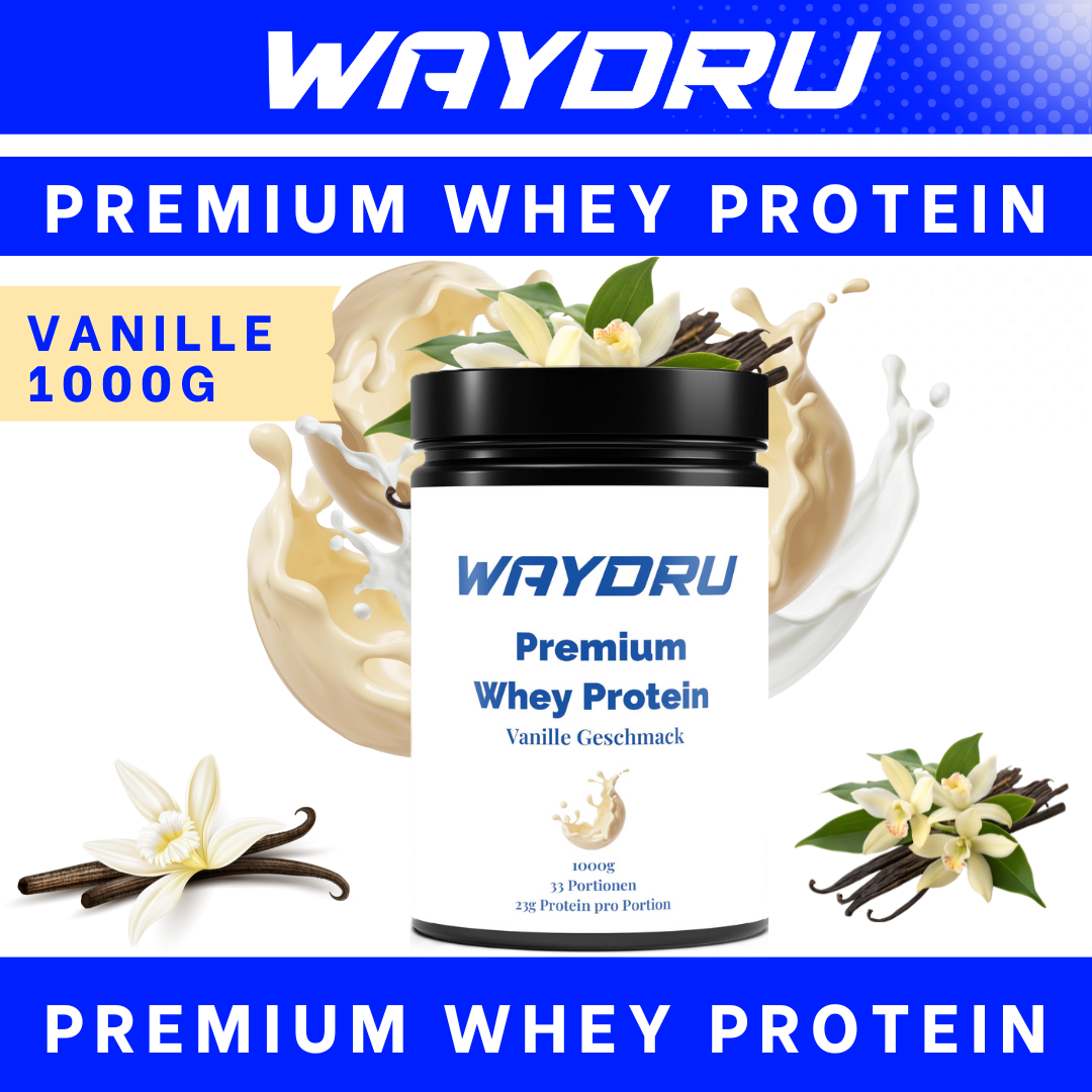 WAYDRU Premium Whey Protein Vanille 1000 g – cremiges Molkenproteinpulver mit 23 g Eiweiß pro Portion
