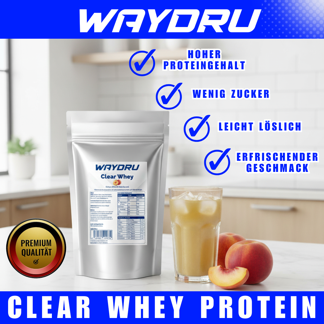 WAYDRU - Clear Whey Pfirsich Proteinshake, Clear Whey Eiweißshake fruchtig