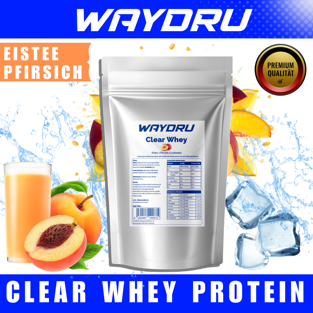 WAYDRU - Clear Whey Pfirsich Proteinshake, Clear Whey Eiweißshake fruchtig