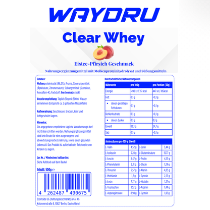 WAYDRU - Clear Whey Pfirsich Proteinshake, Clear Whey Eiweißshake fruchtig