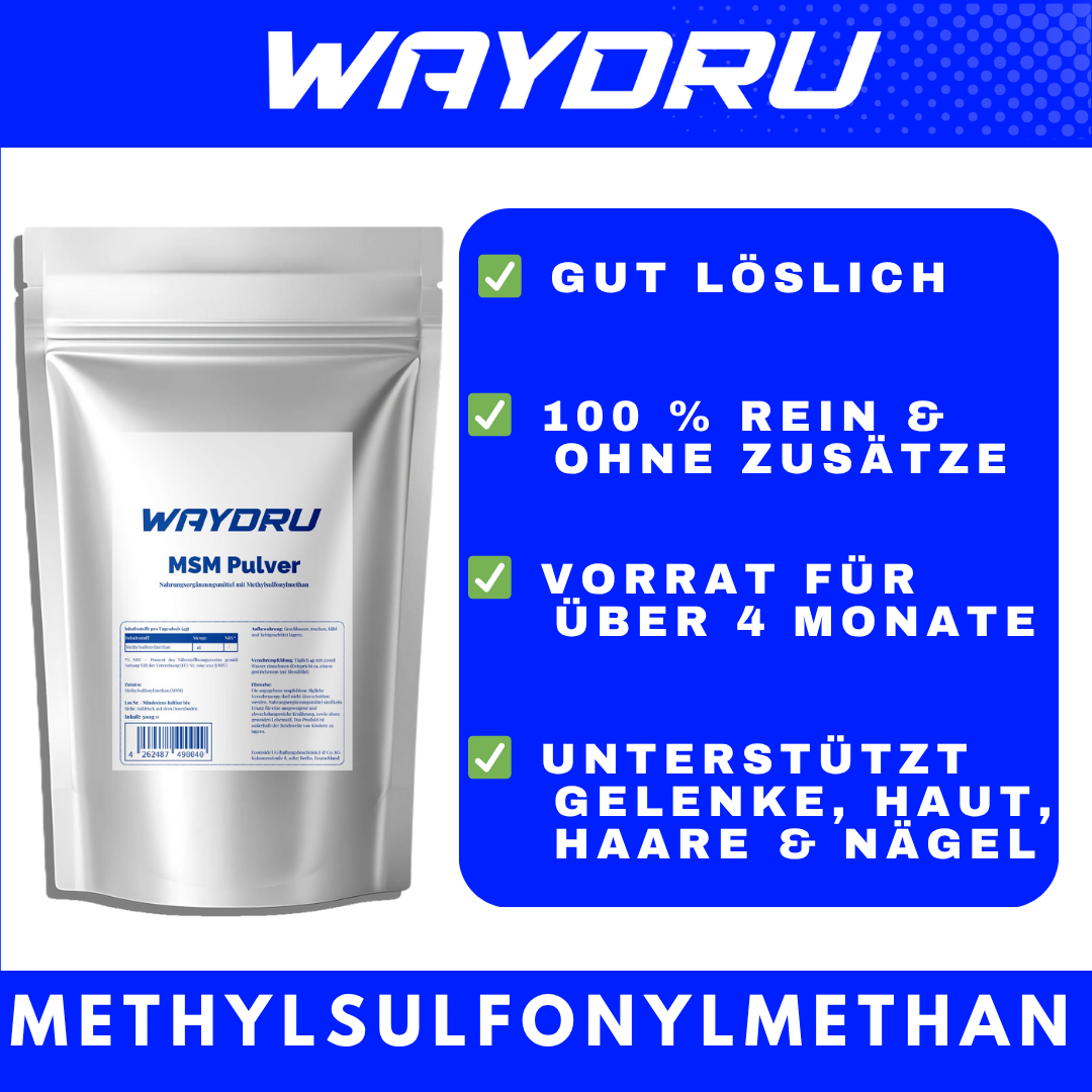 MSM Pulver | WAYDRU Premium MSM Pulver 500 g – 100 % reines Methylsulfonylmethan