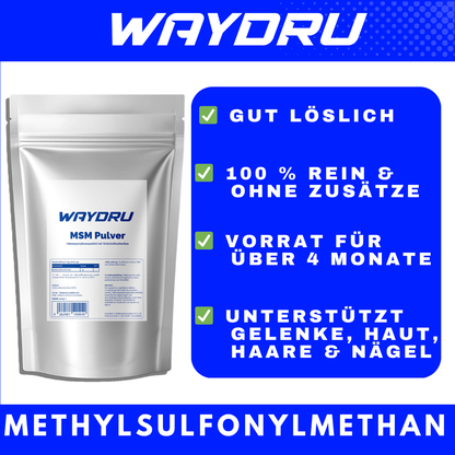 MSM Pulver | WAYDRU Premium MSM Pulver 500 g – 100 % reines Methylsulfonylmethan