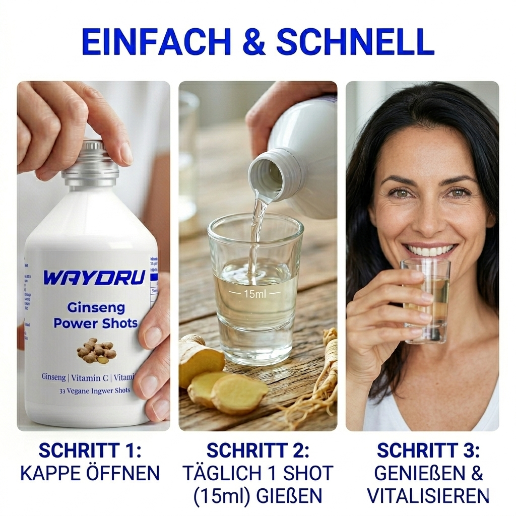 Einfache Anwendung der WAYDRU Shots: Täglich 1 Shot (15ml) für optimale Leistungsfähigkeit.