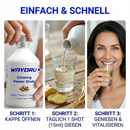 Einfache Anwendung der WAYDRU Shots: Täglich 1 Shot (15ml) für optimale Leistungsfähigkeit.