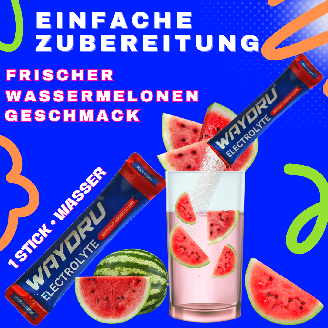 WAYDRU Elektrolyte Wassermelone – Elektrolytgetränk mit 8 Mineralstoffen und 6 Vitaminen für schnelle Hydration – Wassermelonen-Geschmack, zuckerfrei, ideal für Sport und Reisen.