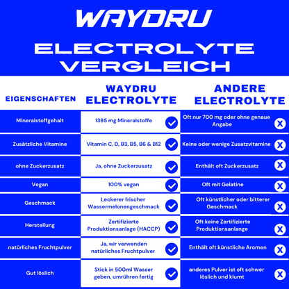 WAYDRU Electrolyte Watermelon – Elektrolytgetränk mit 8 Mineralstoffen und 6 Vitaminen für schnelle Hydration – Wassermelonen-Geschmack, zuckerfrei, ideal für Sport und Reisen.