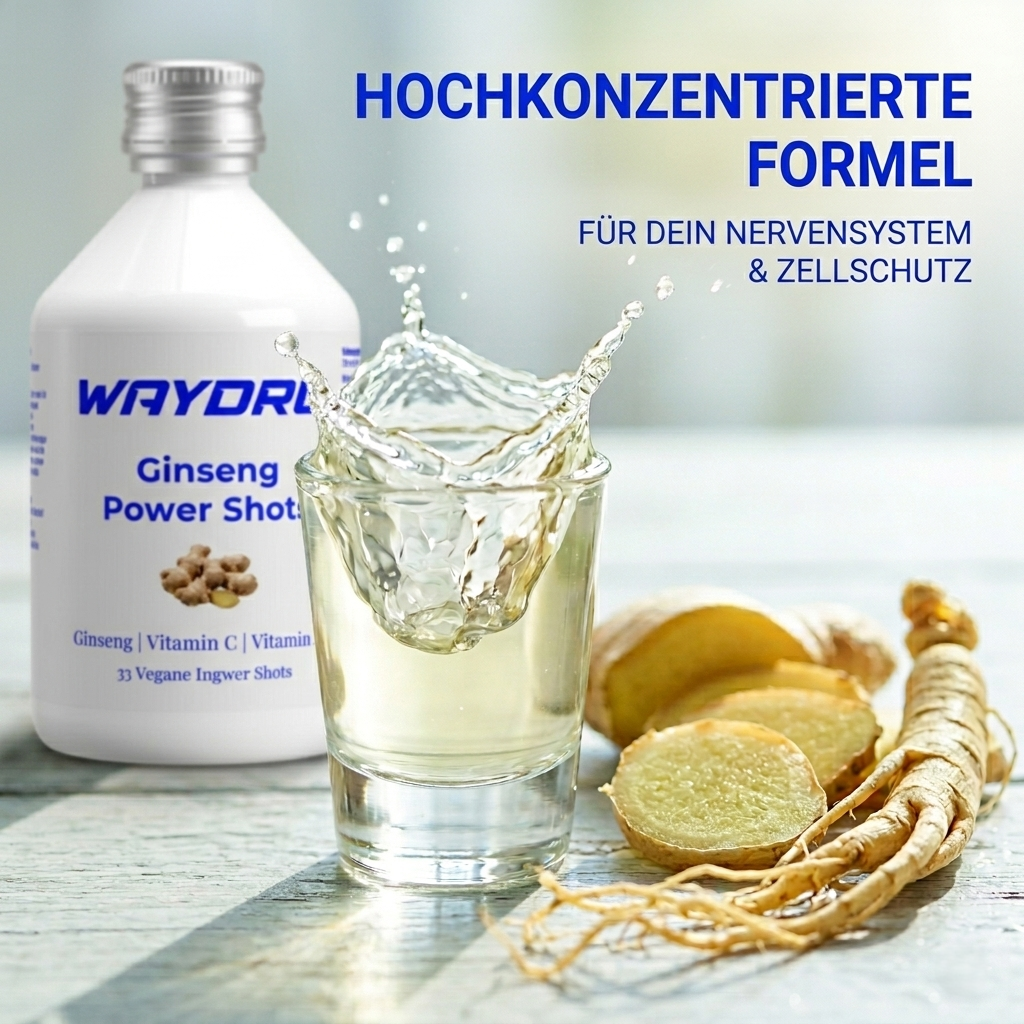 Detailaufnahme der Inhaltsstoffe der WAYDRU Ginseng Shots: Ginseng, Vitamin C und Vitamin B12