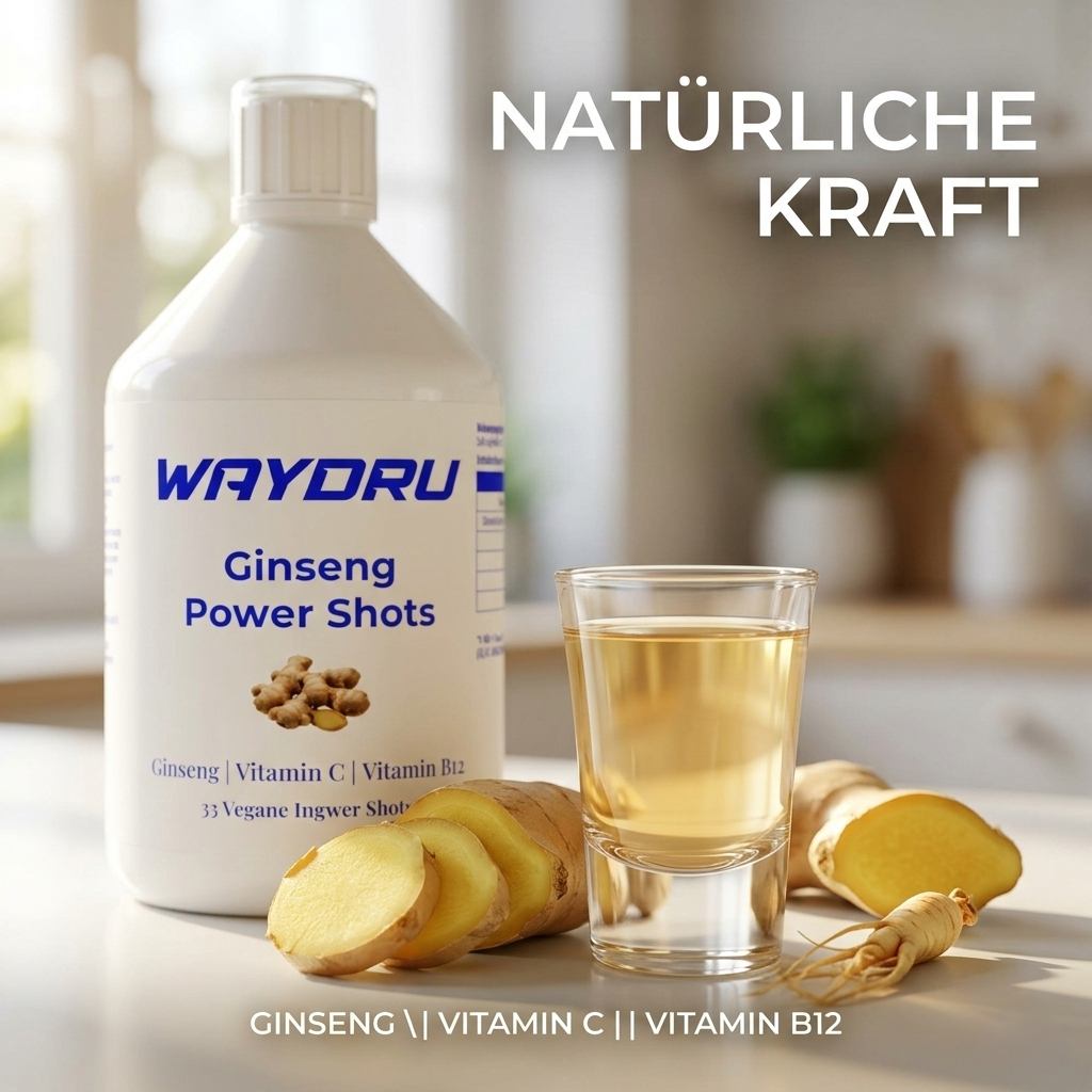 Detailaufnahme der Inhaltsstoffe der WAYDRU Ginseng Shots: Ginseng, Vitamin C und Vitamin B12