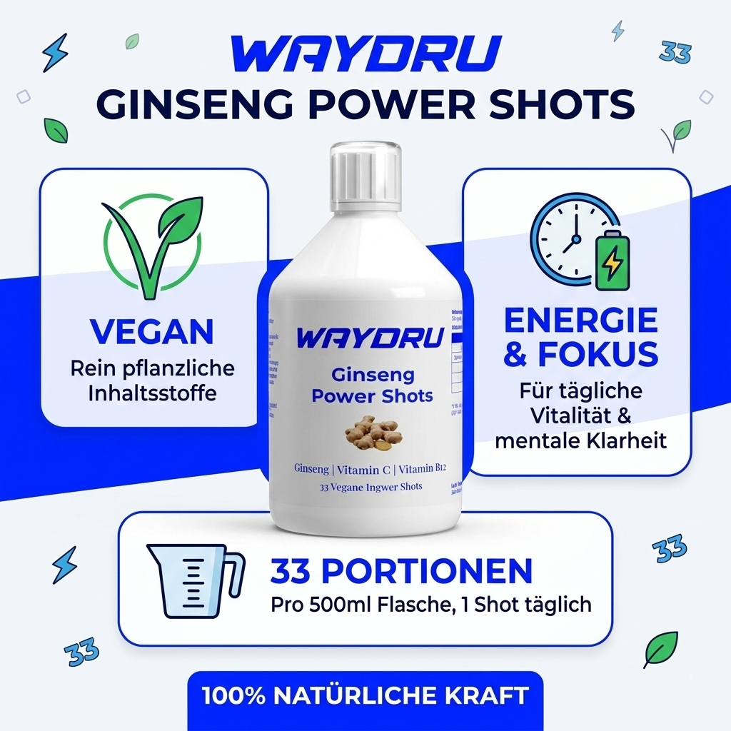 Infografik zu WAYDRU Ginseng Power Shots: 33 vegane Ingwer Shots für tägliche Vitalität.