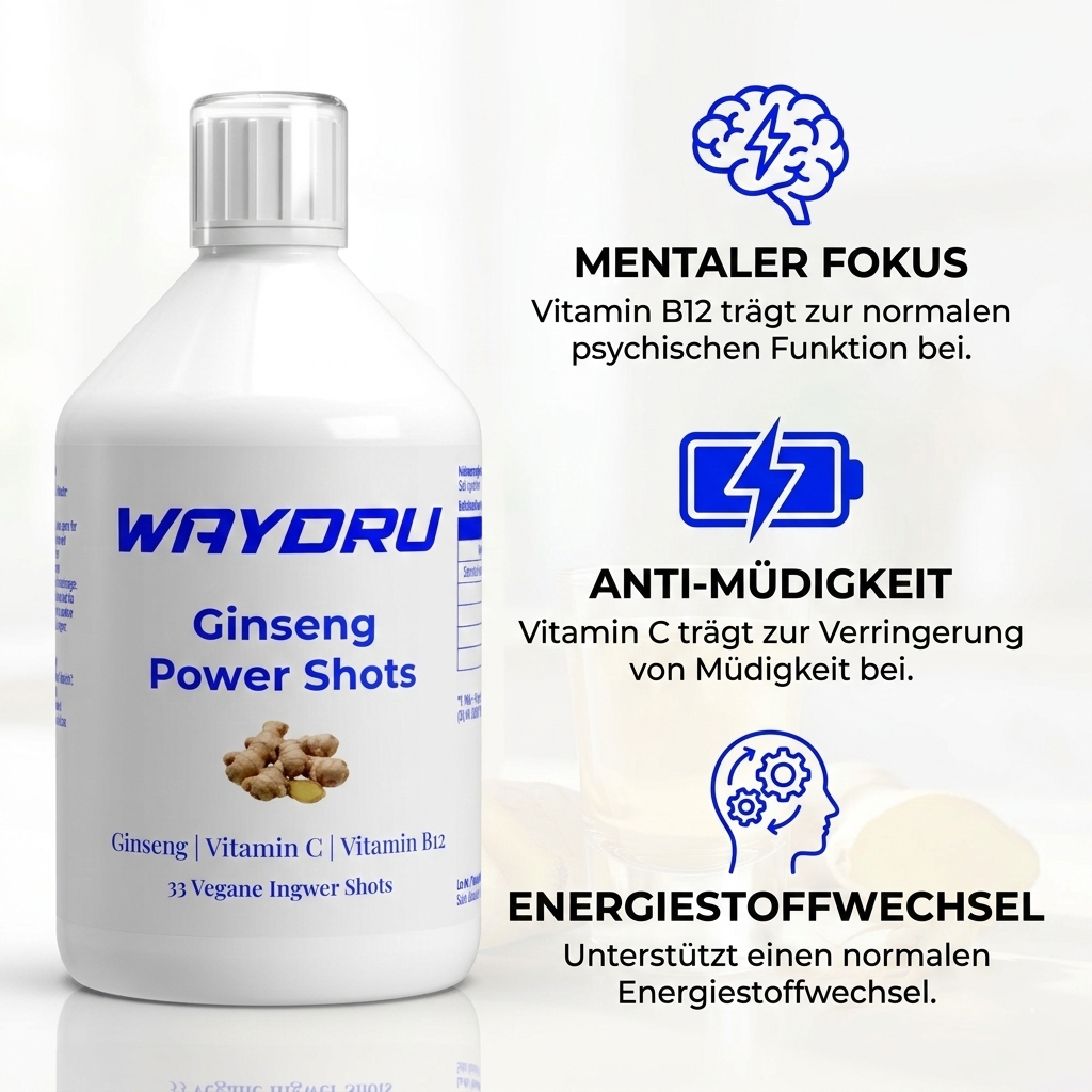 Vorteile der WAYDRU Ginseng Shots: Mentaler Fokus und Anti-Müdigkeit durch Vitamin B12 und C.