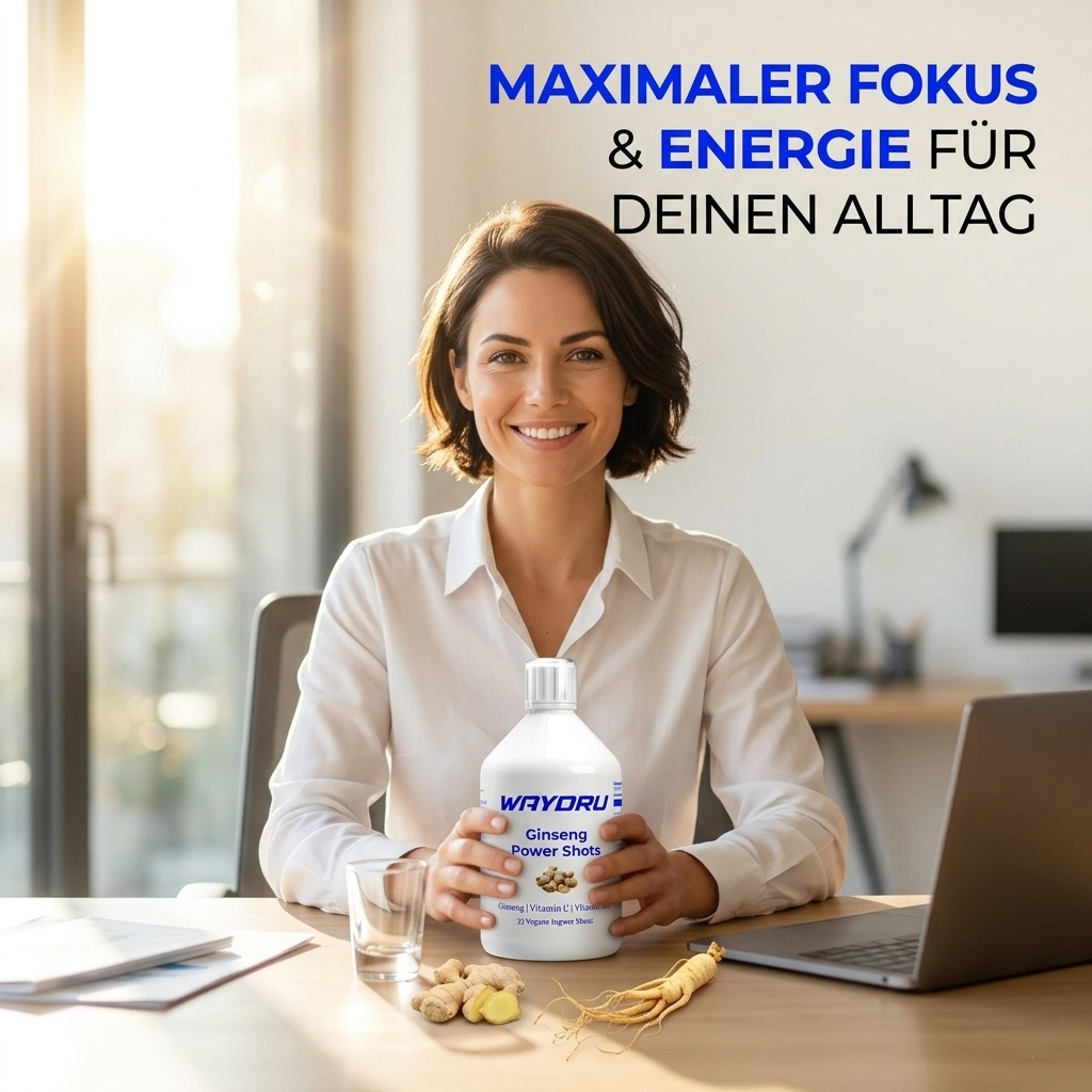 Lifestyle-Bild: Maximaler Fokus und Energie im Homeoffice dank WAYDRU Ginseng Power Shots.