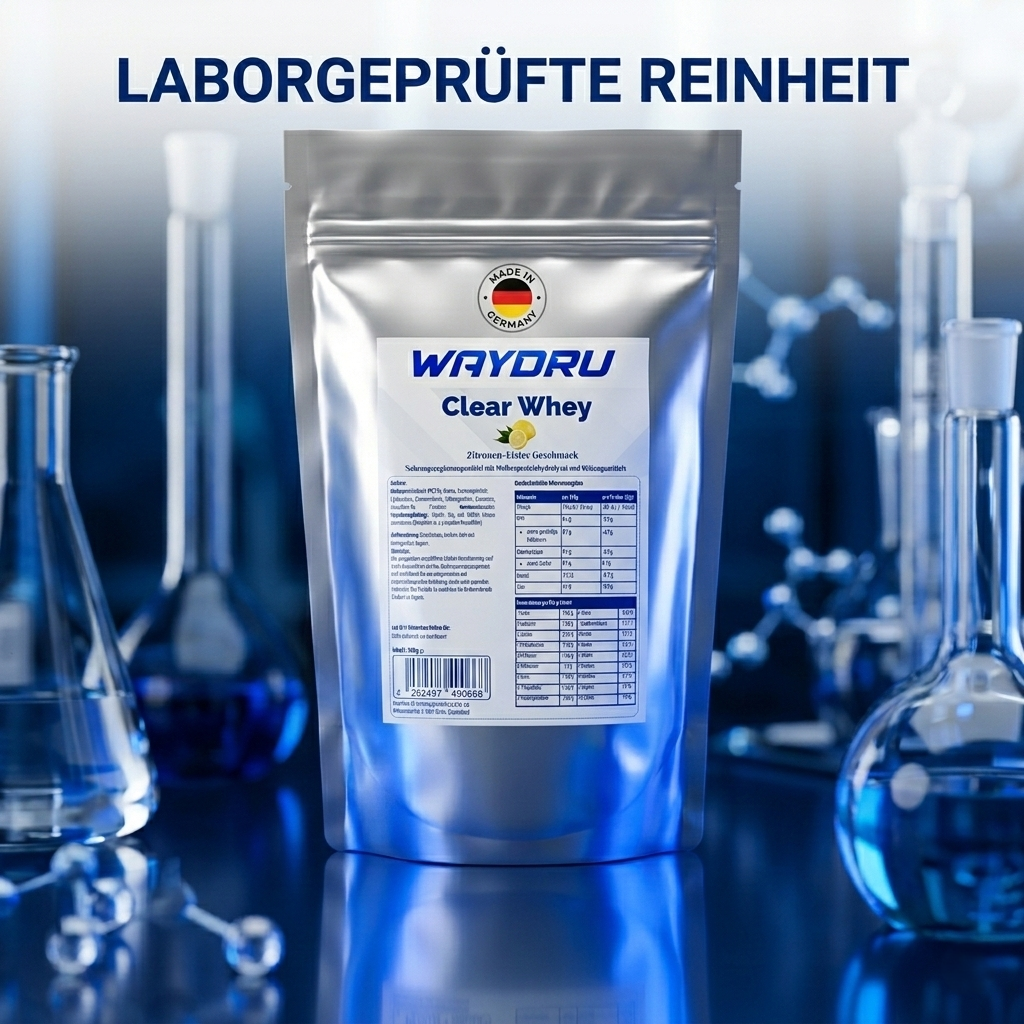 Nahaufnahme der Aminosäuren-Tabelle und Made in Germany Siegel auf der WAYDRU Packung, laborgeprüfte Reinheit im Labor-Setting.
