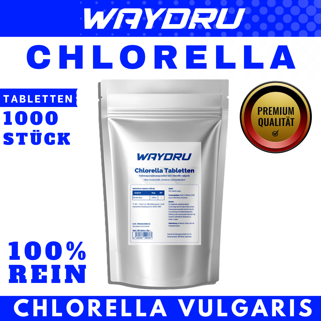 WAYDRU Chlorella Tabletten – Hochreines Nahrungsergänzungsmittel aus 100 % Chlorella vulgaris ohne Zusatzstoffe, Beutel mit 1000 Tabletten (250 g)