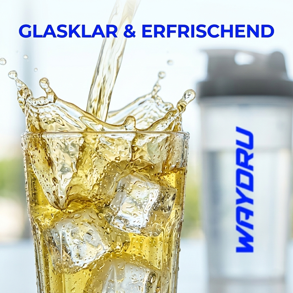 Erfrischendes, klares Protein-Getränk mit Zitronenscheiben und Eiswürfeln, glasklare Konsistenz wie Eistee ohne Milch.