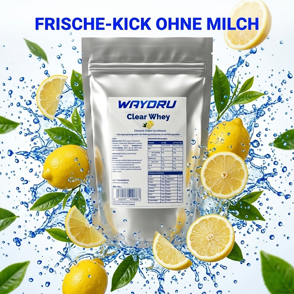 Dynamische Darstellung der Inhaltsstoffe: Frische Zitronen und grüne Teeblätter wirbeln um den silbernen WAYDRU Proteinbeutel.