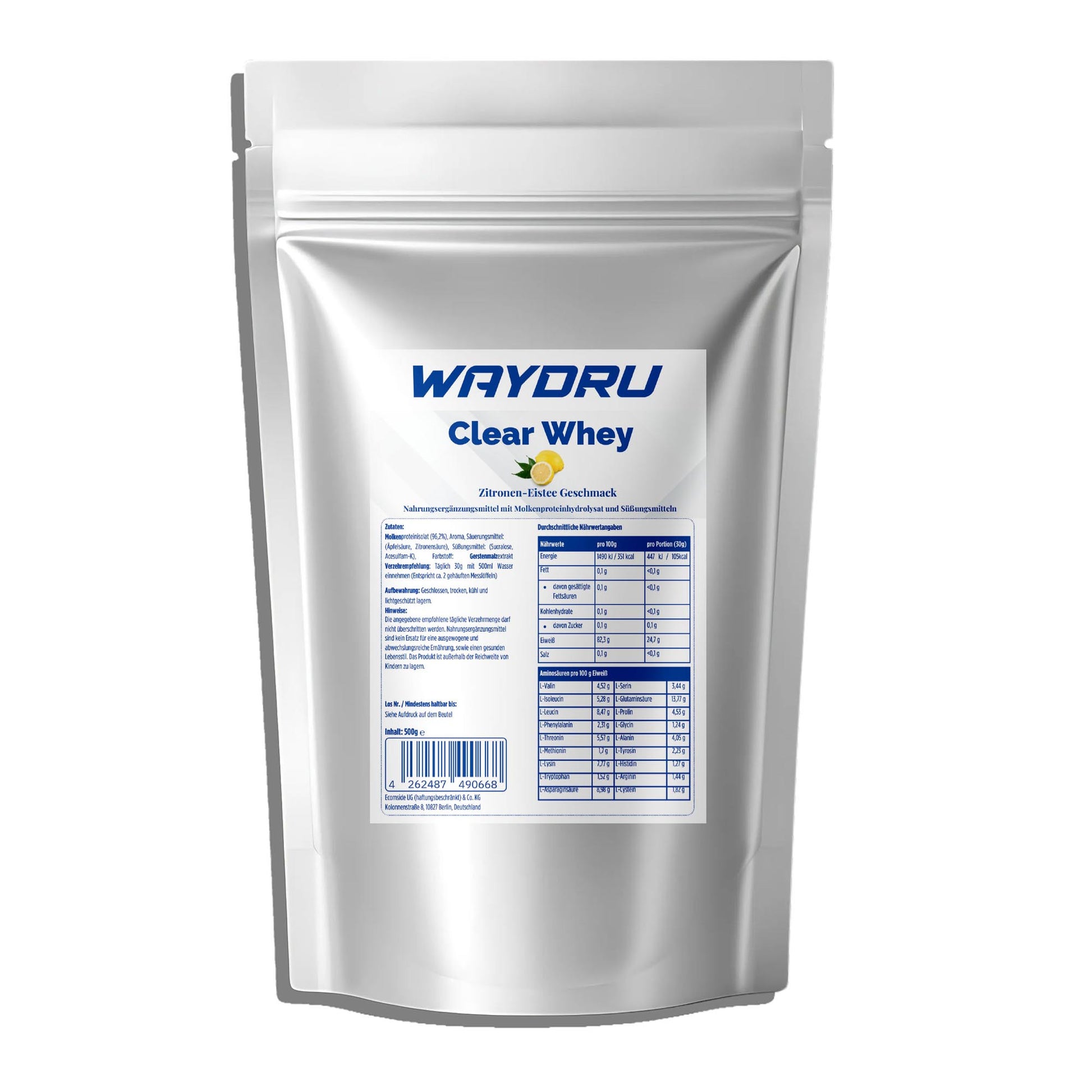 WAYDRU Clear Whey Protein Isolat in der Geschmacksrichtung Zitronen-Eistee, silberne 500g Packung auf weißem Hintergrund