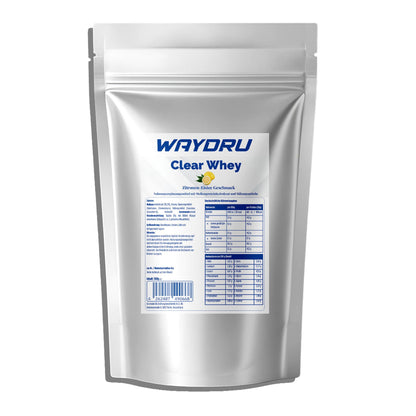 WAYDRU Clear Whey Protein Isolat in der Geschmacksrichtung Zitronen-Eistee, silberne 500g Packung auf weißem Hintergrund