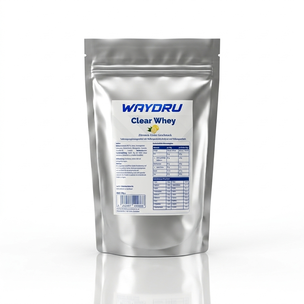 WAYDRU Clear Whey Protein Isolat in der Geschmacksrichtung Zitronen-Eistee, silberne 500g Packung auf weißem Hintergrund.