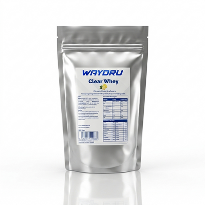 WAYDRU Clear Whey Protein Isolat in der Geschmacksrichtung Zitronen-Eistee, silberne 500g Packung auf weißem Hintergrund.