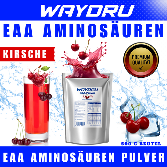 WAYDRU EAA Pulver Kirsch-Geschmack in der silbernen 500g Standbodenbeutel-Verpackung, alle 8 essentiellen Aminosäuren.