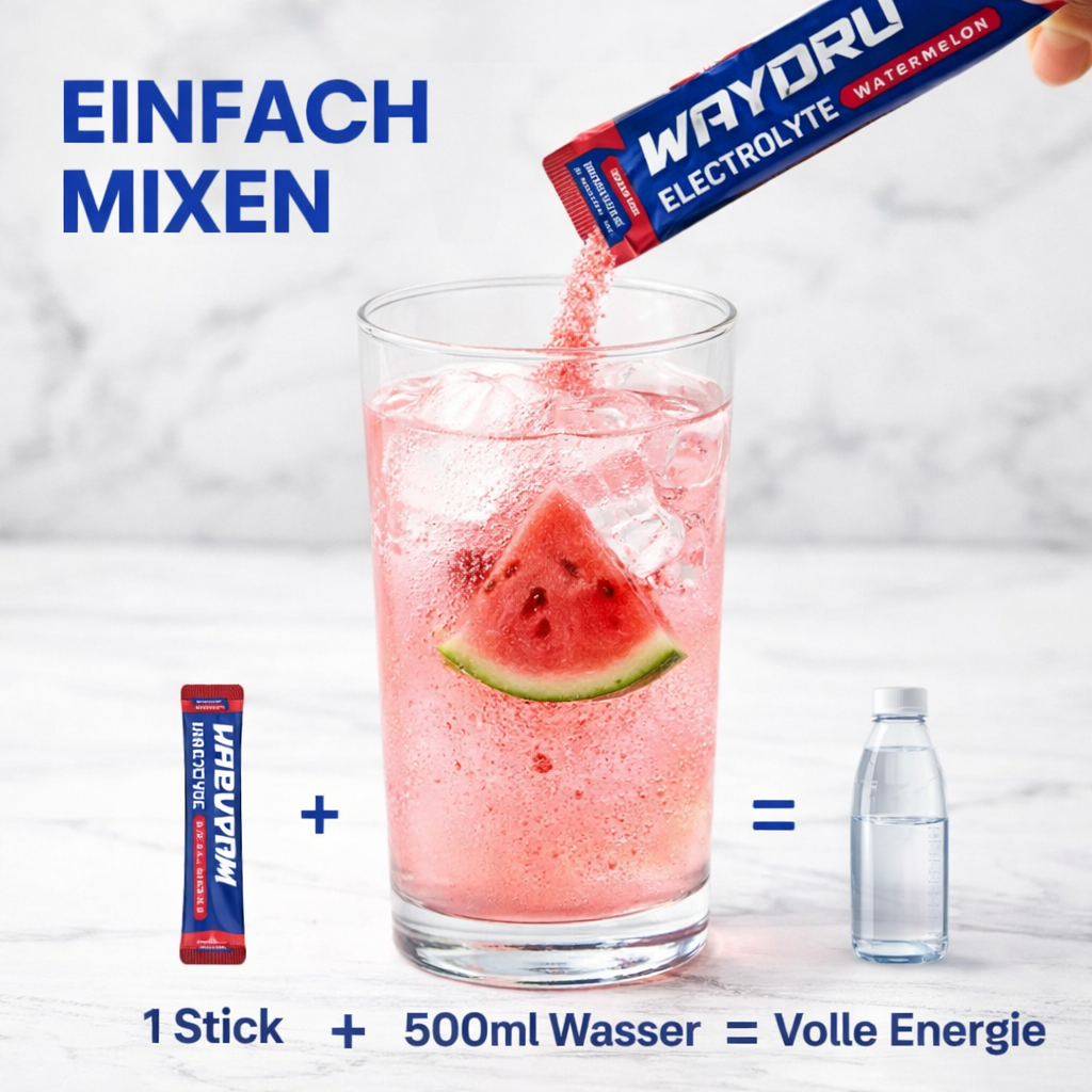 3-Schritte Anleitung zur Zubereitung der WAYDRU Elektrolyte Sticks für unterwegs.