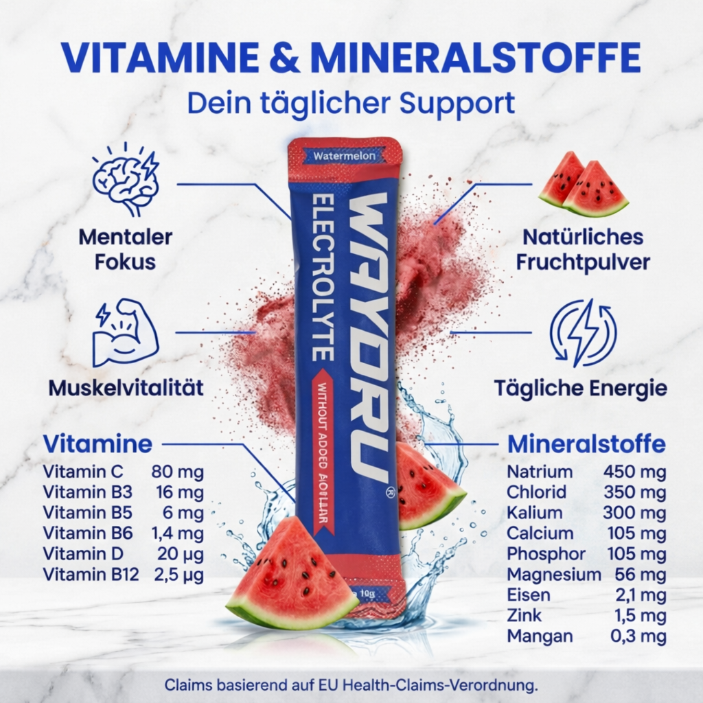 Detaillierte Ansicht der Inhaltsstoffe von WAYDRU Elektrolyte mit Zink und 6 Vitaminen.