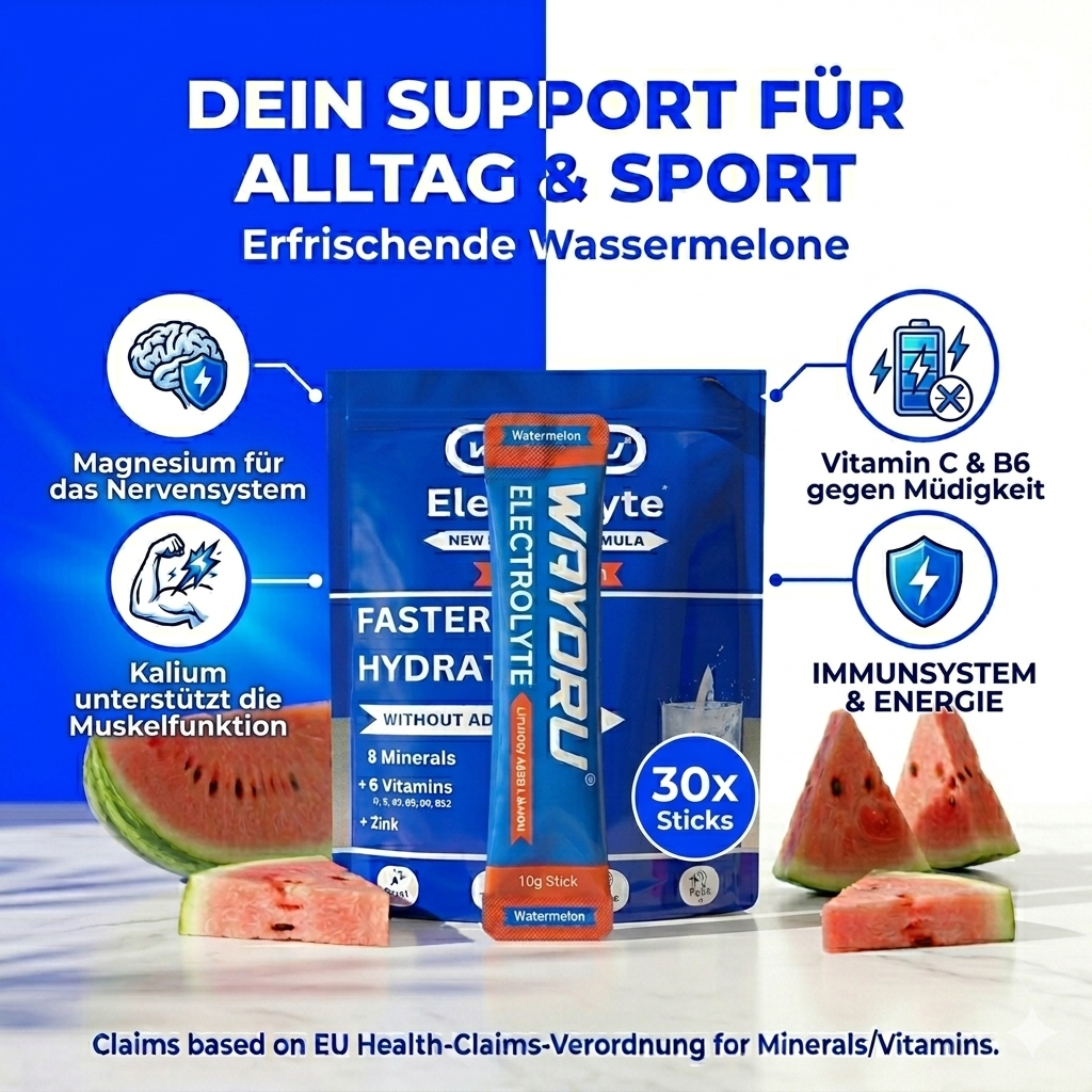 Infografik der Vorteile von WAYDRU Elektrolyten: Magnesium, Kalium und Vitamine für Sport und Regeneration.