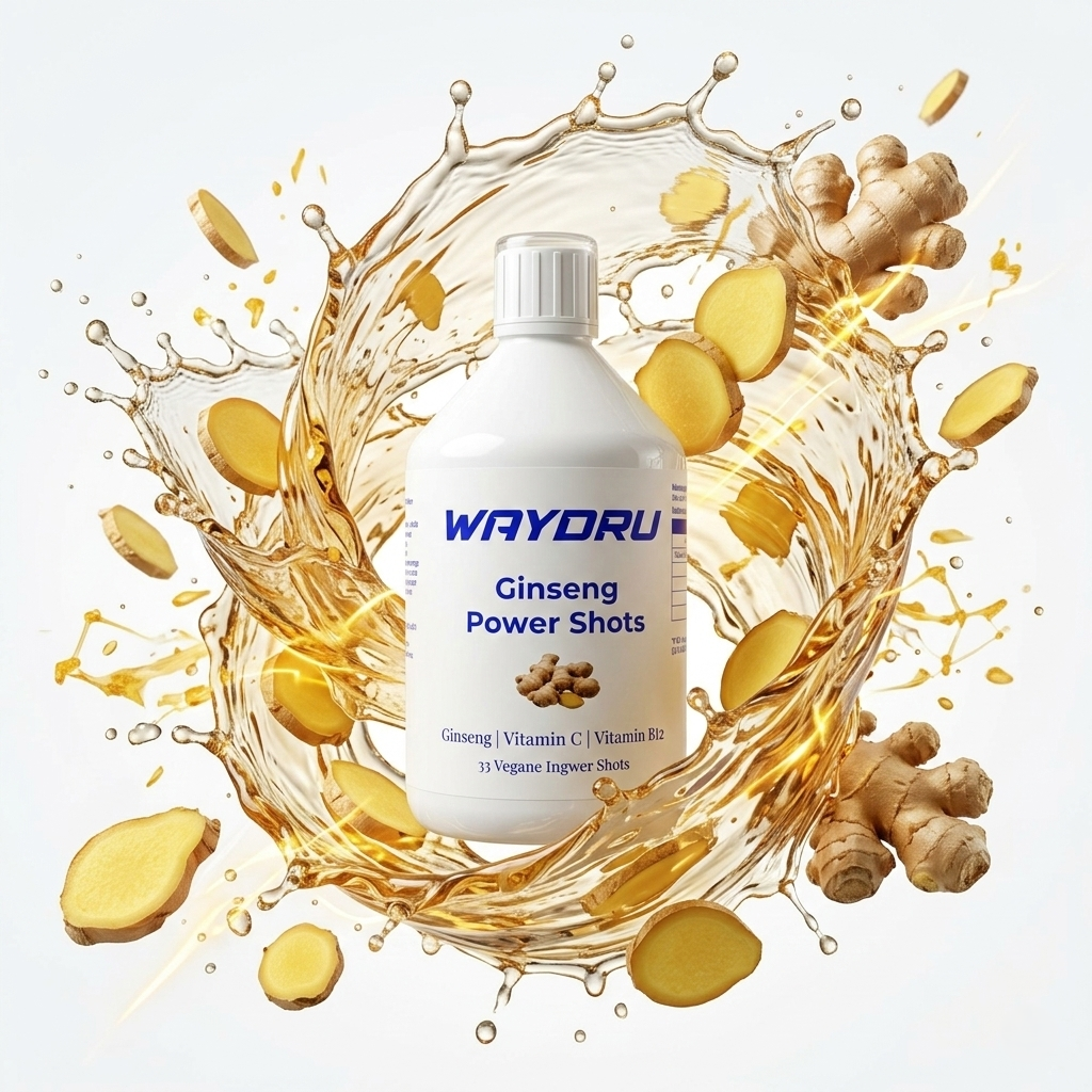Dynamische Darstellung der Ginseng Power Shots mit Wasser-Splashes und frischem Ingwer