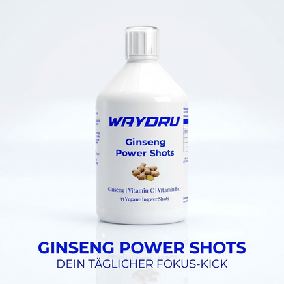 WAYDRU Ginseng Power Shots 500ml Flasche für Energie und Fokus, vegan mit Ingwer und Vitaminen.