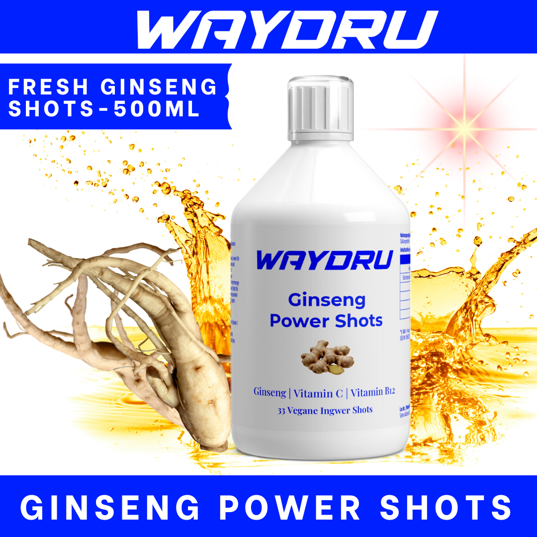 WAYDRU Ginseng Power Shots – 500 ml – Panax Ginseng, Ingwer, Koffein für Energie und Fokus