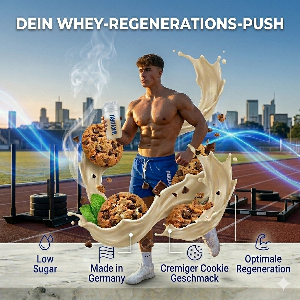 Ein athletischer Mann im Gym und auf einer Laufbahn, der einen Waydru Protein-Shaker hält, umrahmt von dynamischen Keks- und Milch-Grafiken für Post-Workout Regeneration.