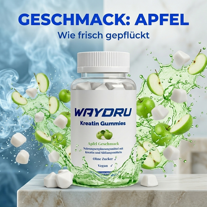 Detailaufnahme der 90 Stk Dose WAYDRU Kreatin Gummies für 30 Portionen.