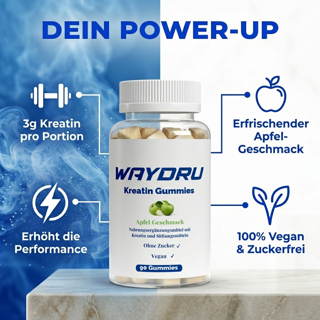 Vorteile von WAYDRU Kreatin Gummies: Performance-Boost, 3g Kreatin, Vegan.