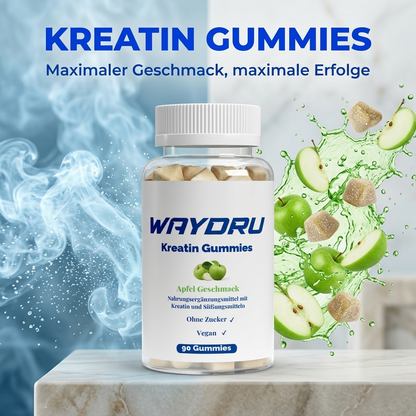 WAYDRU Kreatin Gummies Apfel-Geschmack 90 Stk Dose mit Apfel-Splash.