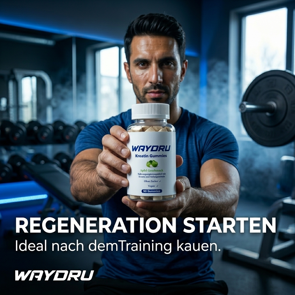 WAYDRU Kreatin Gummies Dose im Fitnessstudio auf einer Hantelscheibe.