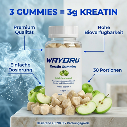 Detailansicht der Kreatin Gummies mit frischen Äpfeln und Dosierung.