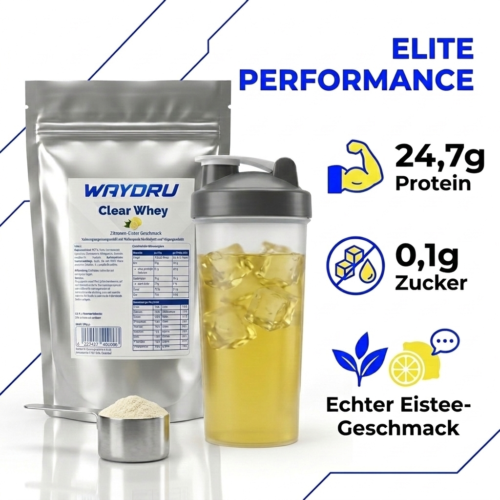 Infografik zu WAYDRU Clear Whey: 24g Protein pro Portion, 0g Zucker, fettfrei und perfekte Löslichkeit für Sportler.