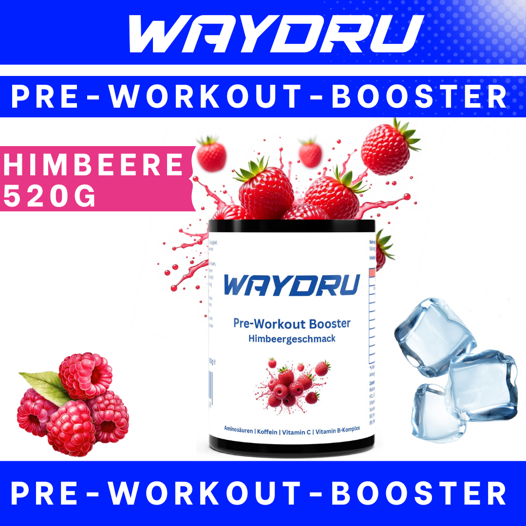 WAYDRU Pre Workout Booster Himbeere – Hochwirksamer Pre-Workout Drink mit fruchtigem Himbeergeschmack für Energie, Fokus & Performance im Gym.