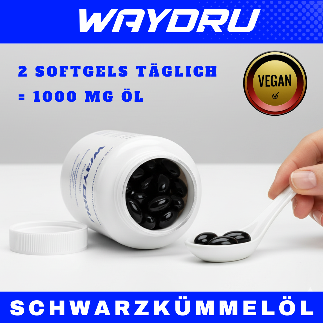 WAYDRU Schwarzkümmelöl Softgel Nahaufnahme – kaltgepresst & vegan