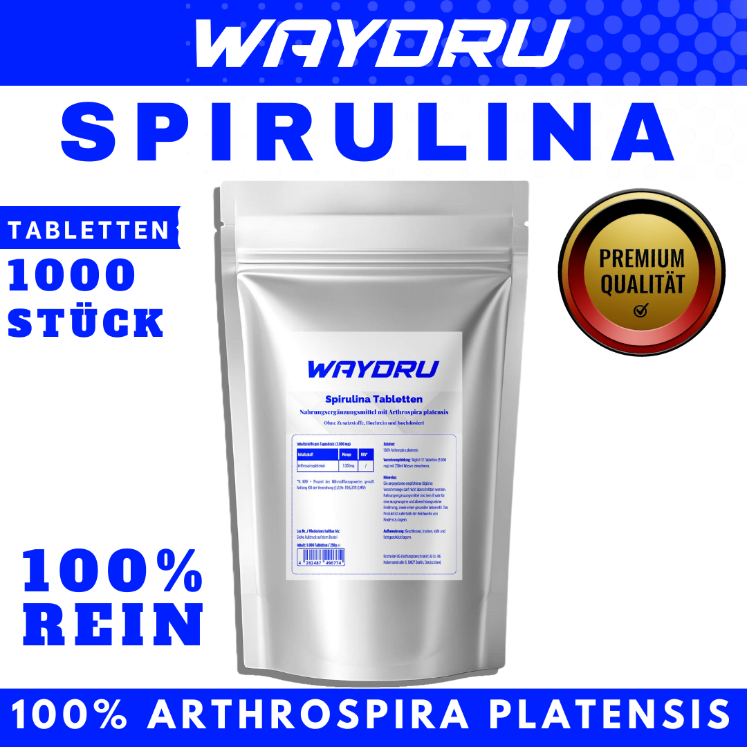 WAYDRU Spirulina Kapseln – Pflanzliche Proteinquelle & Antioxidantien für Energie, Immunsystem und Zellschutz. Vegan & natürlich.